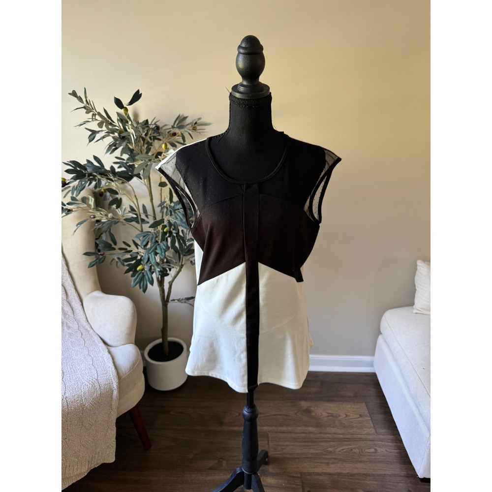 Worthington Black White Colorblock Peplum Top Mesh Swiss Dot NWT Large